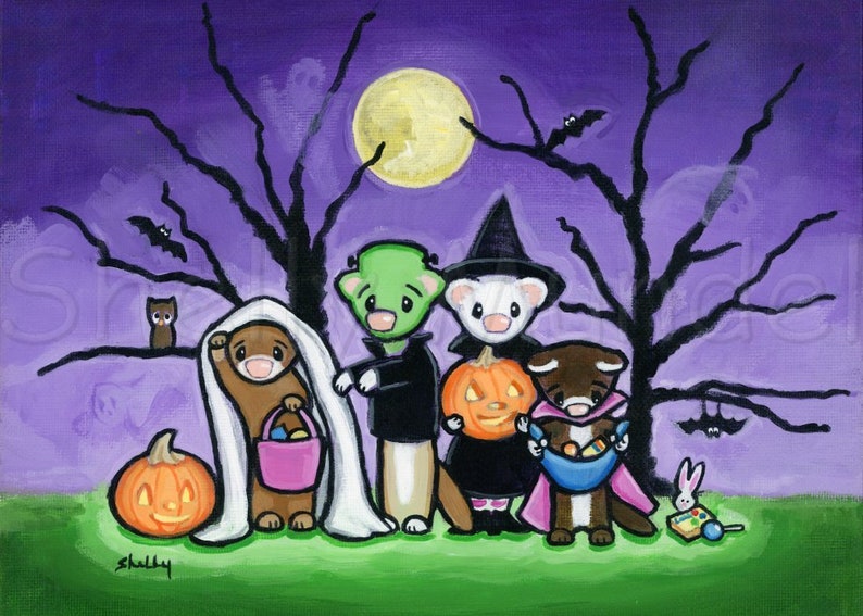 Halloween Scary Trick or Treat Ferret Art Print by Shelly Mundel image 1