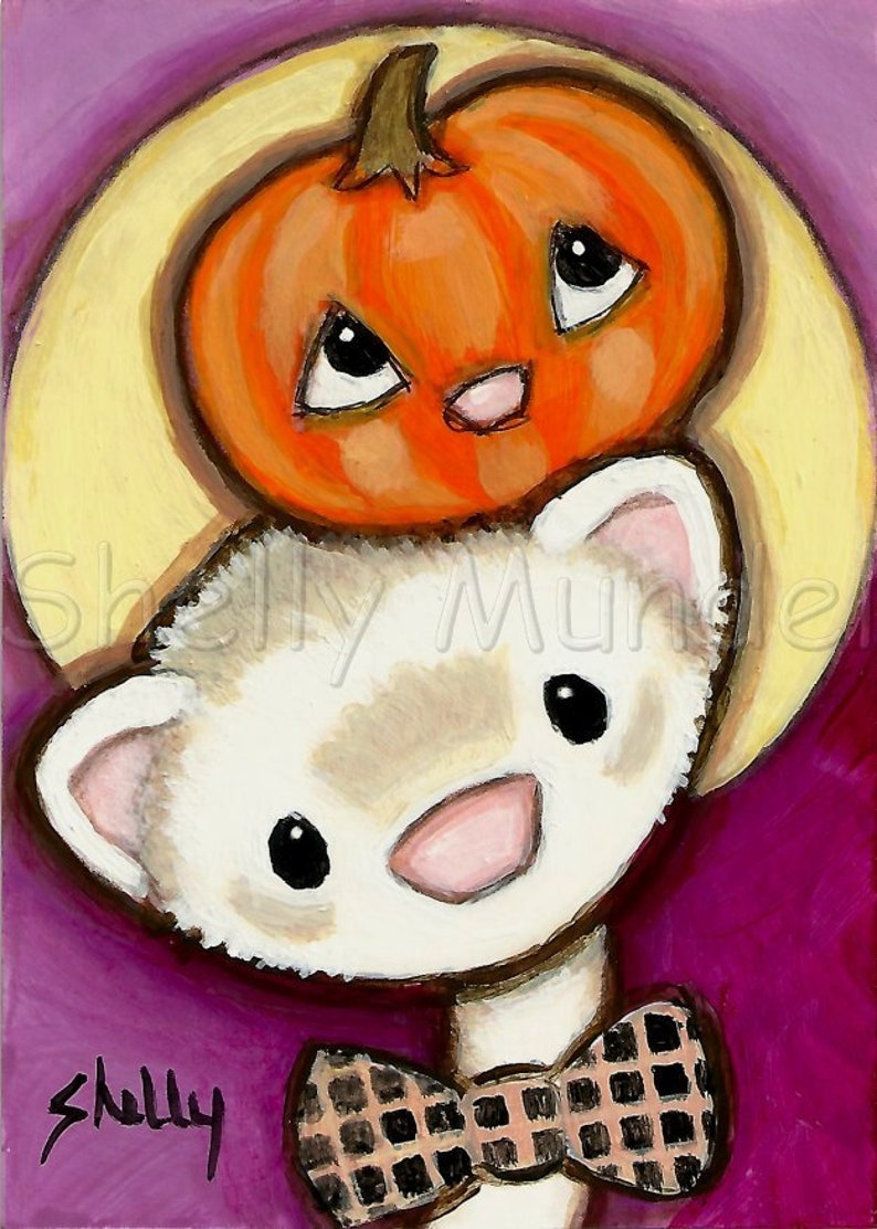 Halloween Ferret Pumpkin Moon Ferret Art Print by Shelly Mundel image 1