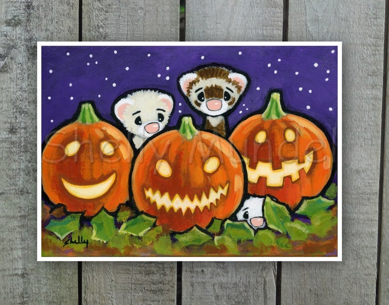 Jack o Lanterns Halloween Ferrets Ferret Art Print by Shelly Mundel image 2