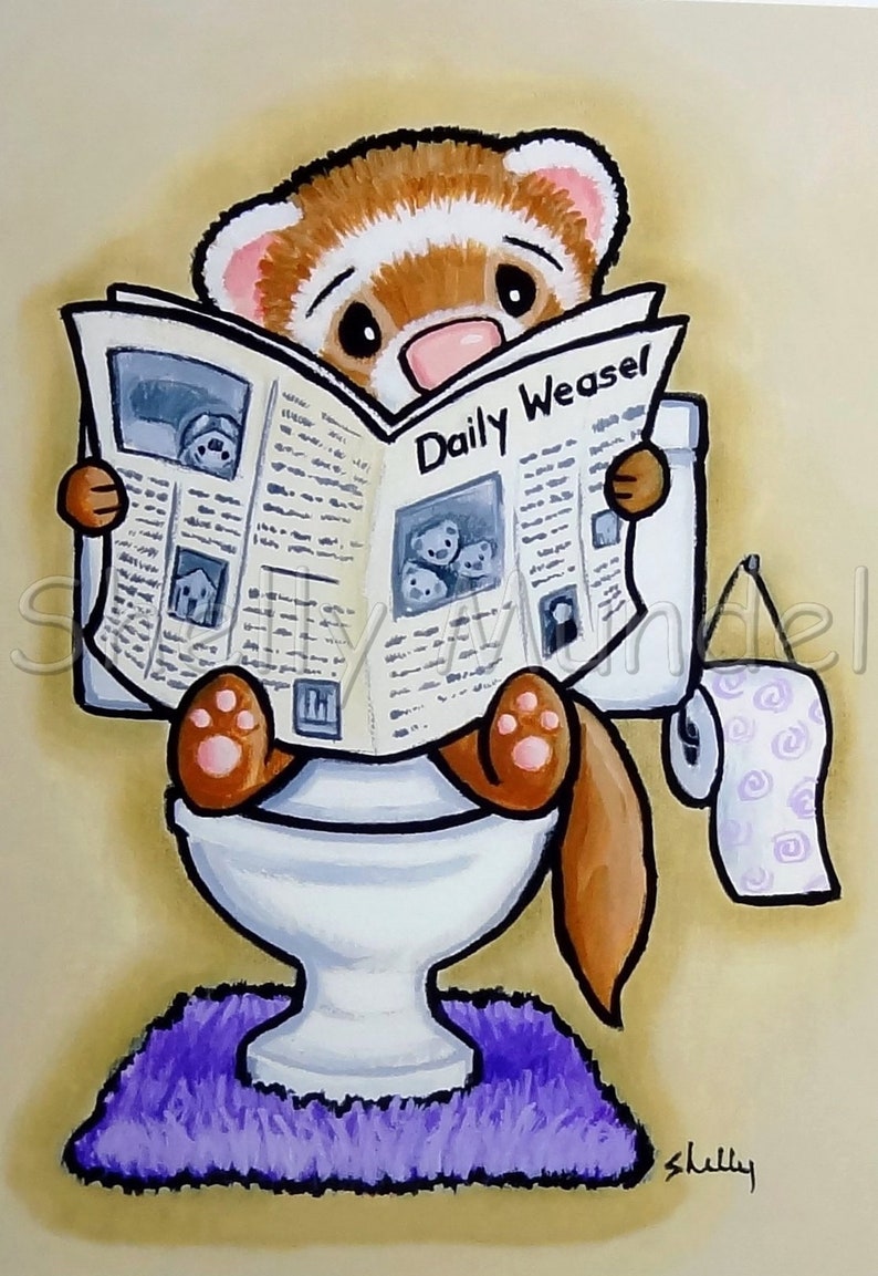 Potty Painting Reading Ferret Art Print Bathroom Humor by Shelly Mundel image 1