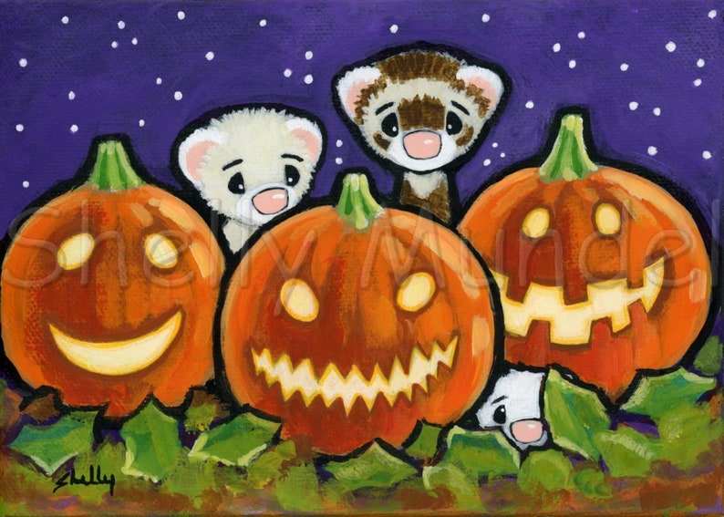 Jack o Lanterns Halloween Ferrets Ferret Art Print by Shelly Mundel image 1