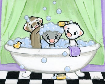 Bath Time - Ferret Art Print - by Shelly Mundel