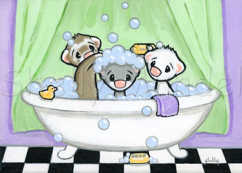 Bath Time Ferret Art Print by Shelly Mundel image 1