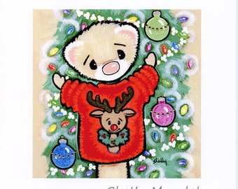 Ugly Christmas Sweater - Ferret Art Print - by Shelly Mundel