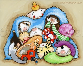 Ferret Pile - Playing With The Toy Stash - Ferret Art Print - by Shelly Mundel