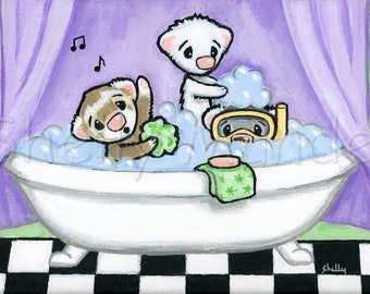 Bath Time - Ferret Art Print - by Shelly Mundel