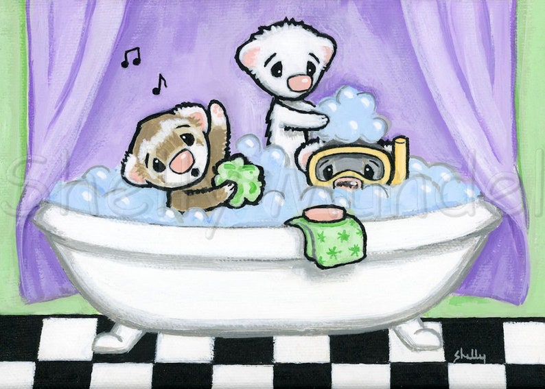 Bath Time Ferret Art Print by Shelly Mundel image 1