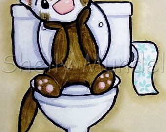 Potty Painting - Thinking - Ferret Art Print - Bathroom Humor - by Shelly Mundel