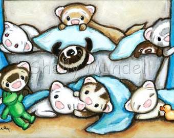 Ferret Art Print Playing in Bed- by Shelly Mundel