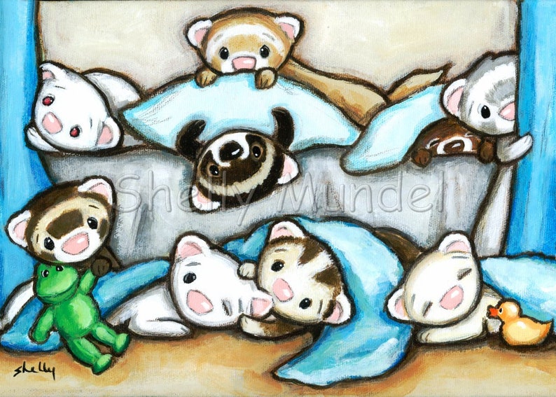 Ferret Art Print Playing in Bed by Shelly Mundel image 1