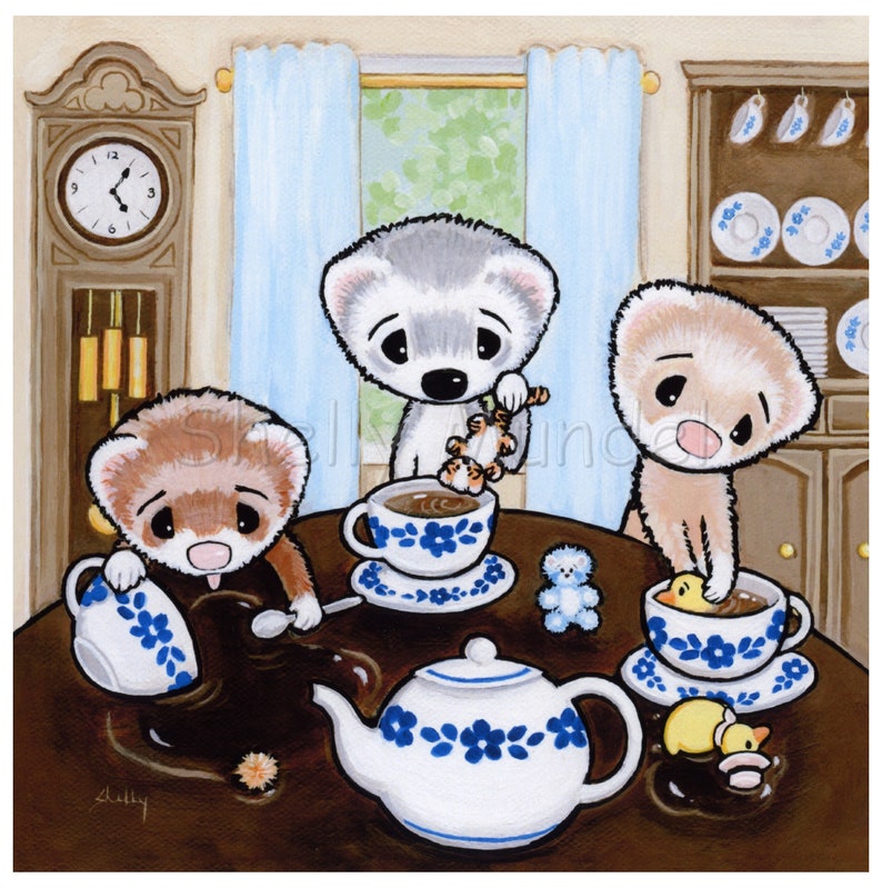Whimsical Ferret Art Print Tea Party by Shelly Mundel image 1