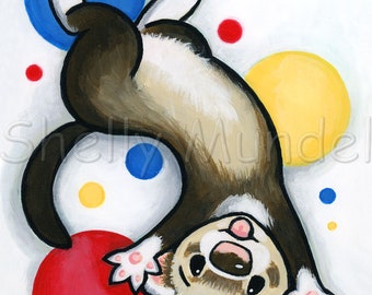 May include: A brown and white ferret hanging upside down with its paws in the air. The ferret is surrounded by colorful circles in shades of blue, red, and yellow.