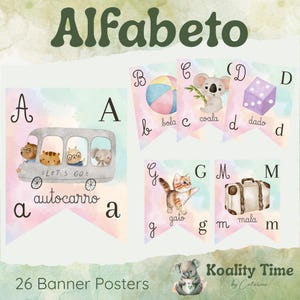 May include: Watercolor banner posters featuring the alphabet in Portuguese. Each banner displays a letter, a corresponding image, and the word for the image. Includes a bus with animal characters and the text "Let's Go".