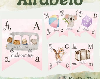 Cartazes Alfabeto / Impressão / Cartões ABC decor de sala de aula / Recurso para profesores e crianças do Pre-K ao 1.º Ciclo / Pink Clouds