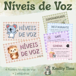 Könnte beinhalten: Ein Set aus sechs Lernpostern mit dem portugiesischen Text "Níveis de Voz". Die Poster zeigen Illustrationen eines Koalas und eines Igels sowie Text auf Portugiesisch. Das Set enthält Etiketten für einen Supermarkt, ein Restaurant, ein Café und ein Kino.