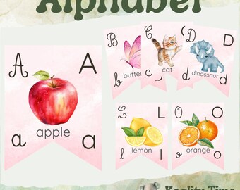 Carteles y pancartas del alfabeto para imprimir / Tarjetas ABC para decorar el aula / Recurso para maestros y niños desde preescolar hasta primaria / Nubes rosas
