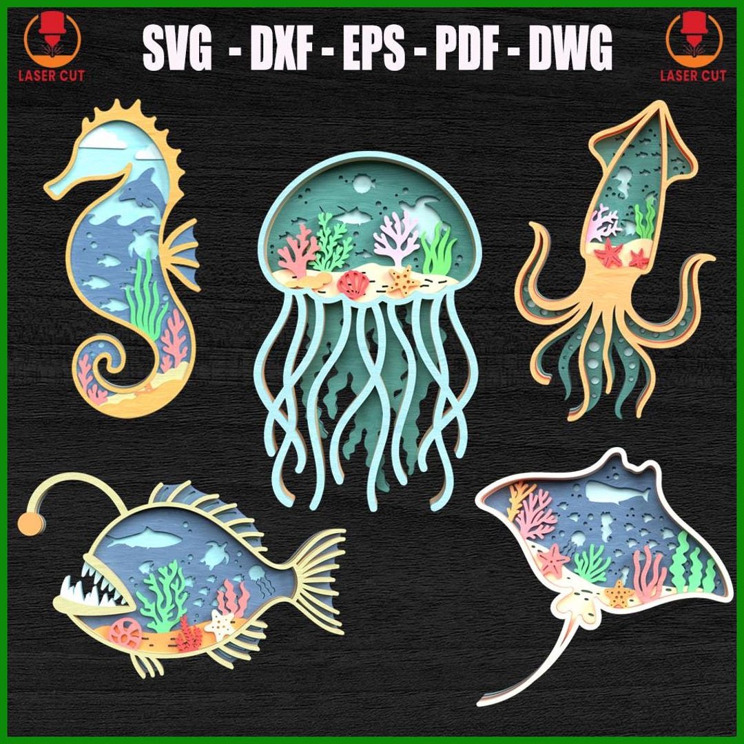 Ocean Animals Layered Bundle Svg Laser Cut, Under the Sea Wall Art Svg ...