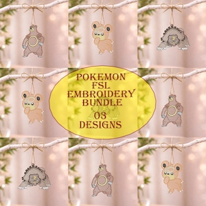 May include: A collection of six embroidered bear ornaments in various poses, suspended from a branch with twine. The ornaments are in shades of brown and tan, with intricate lace-like detailing. A central oval graphic reads "Pokemon FSL Embroidery Bundle 03 Designs."