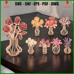 Vase with Flowers Laser Cut Bundle, 3D Flowers Vase Table Decor Svg, Wood Vase Laser Cut Files, Wild Flowers Bouquet for Mom, 3D Flower Svg