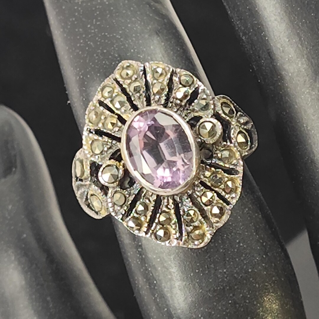 Marcacite Rings Art Deco Sterling Silver Ring Oval Amethyst With Marcacite Accents Size ...