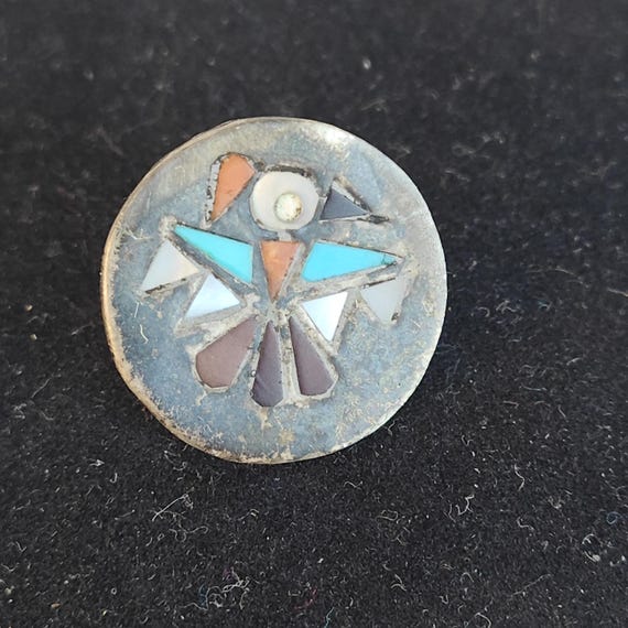 Handmade Zuni Inlay Thunderbird Silver Pin - image 1
