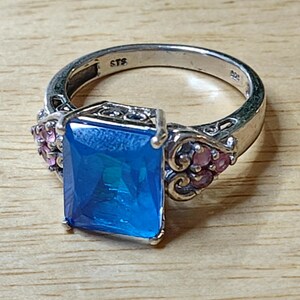 STS Sterling Silver 924 Ring With Large Blue Stone & Pink Accent Stones Sz 10