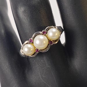 Trio Pearl & Pink Ruby Ring Set in 925 Sterling Silver Sz. 10