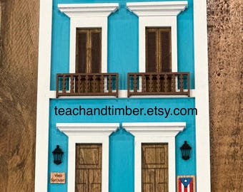 Handcrafted Wood Old San Juan House: Puerto Rico Art, Colorful Decor