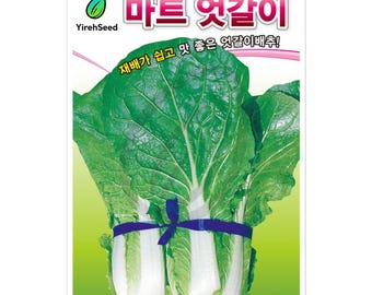 May include: A seed packet for Hybrid Kimchi Cabbage, labeled "Mart Utgalee Fi" and "YirehSeed." The image shows two heads of cabbage with large, green leaves and white stalks, tied together with a blue ribbon. Text in Korean is also visible.
