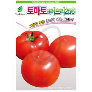May include: Image of three ripe, red tomatoes with green stems. The tomatoes are in the foreground, with a white background. Text at the top reads "Hybrid Tomato, Shinlovely 256 F." Additional text in Korean is also present.