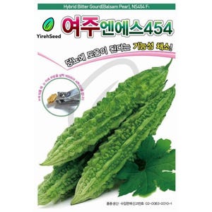 May include: Image of a package of Hybrid Bitter Gourd (Balsam Pear) seeds. The package features a close-up of three green, textured gourds. Text in Korean reads "Yeoju NS454" and "Functional vegetables that help with diabetes!"