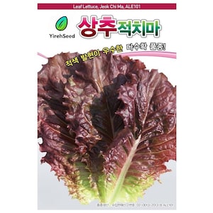 May include: A seed packet for Leaf Lettuce, Jeok Chi Ma, ALE101. The packet features a close-up of a vibrant red lettuce head with green edges. The text includes the brand "YirehSeed" and Korean text.