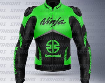 Chaqueta de motociclista de cuero verde fluorescente Kawasaki Ninja