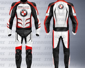 Traje de cuero para motocicleta BMW rojo y blanco, diseño personalizado disponible
