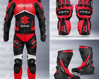 Custom Suzuki GSX-R Red Leather Motorcycle Racing Suit, Gloves & Boots Set, Custom Fit