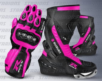 Suzuki GSXR Pink and Black Armored Leather Motorcycle Racing Gloves and Boots - Custom Design Available