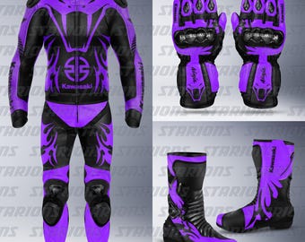 Conjunto personalizado de traje, guantes y botas de moto de carreras de cuero morado Kawasaki Ninja Venom.