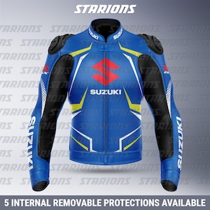 Suzuki GSX-R Motorcycle Racing Blue Leather Jacket, Suzuki Motorcycle Jacket, Suzuki Motorbike Race Jacket, Premium Leather for Men & Women