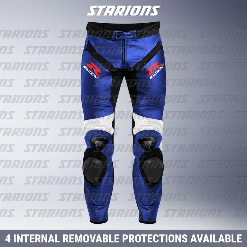 May include: Blue and black motorcycle pants with white accents and knee protectors. The pants feature the text "GSX" in red and white. The brand name "STARIONS" is at the top. The text "4 INTERNAL REMOVABLE PROTECTIONS AVAILABLE" is at the bottom.