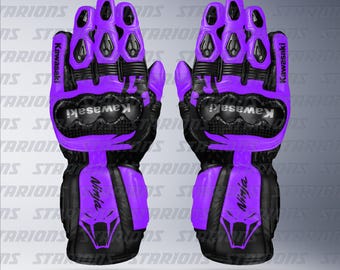 Kawasaki Ninja Purple Leather Motorcycle Racing Gloves, Custom Design