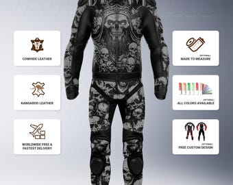 Skull Gray Motorcycle Racing Leather Suit, Removable Protections, Custom Fit