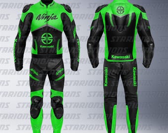 Kawasaki Ninja Filurocent Green Motorcycle Racing Leather Suit: Custom Design Available