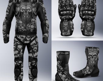 Traje de protección desmontable de cuero gris calavera para motociclistas, guantes y botas con protección de armadura, ajuste personalizado.