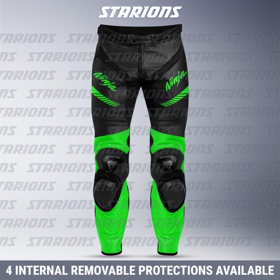 Kawasaki Ninja Filurocent Green Motorcycle Racing Leather Pant, Custom Design Available