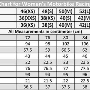May include: A size chart for women's motorbike racing pants, with measurements in centimeters. The chart includes waist, hip, thigh, knee, ankle, inseam, outseam, front rise, and back rise measurements for various sizes, from XS to 3XL.