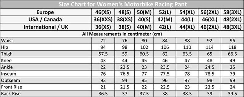 May include: A size chart for women's motorbike racing pants, with measurements in centimeters. The chart includes waist, hip, thigh, knee, ankle, inseam, outseam, front rise, and back rise measurements for various sizes, from XS to 3XL.