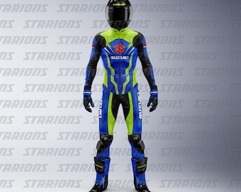 Combinaison en cuir de course de moto bleue Suzuki GSX-R : conception personnalisée disponible
