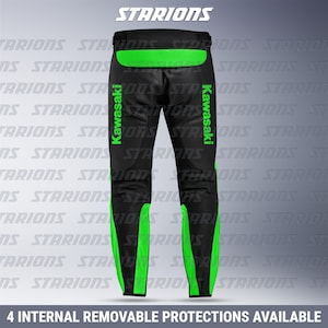 May include: Black motorcycle pants with green accents and the Kawasaki logo. The pants have green panels on the sides and the text "4 INTERNAL REMOVABLE PROTECTIONS AVAILABLE". The brand name "STARIONS" is at the top.