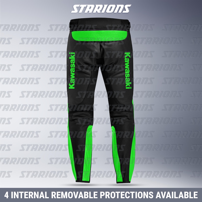 May include: Black motorcycle pants with green accents and the Kawasaki logo. The pants have green panels on the sides and the text "4 INTERNAL REMOVABLE PROTECTIONS AVAILABLE". The brand name "STARIONS" is at the top.