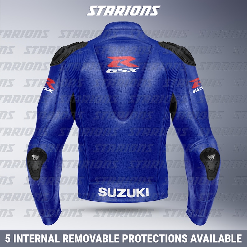 May include: A blue motorcycle jacket with black protective padding on the shoulders and elbows. The jacket features the Suzuki logo and GSX branding in red and white. The text "5 INTERNAL REMOVABLE PROTECTIONS AVAILABLE" is at the bottom.